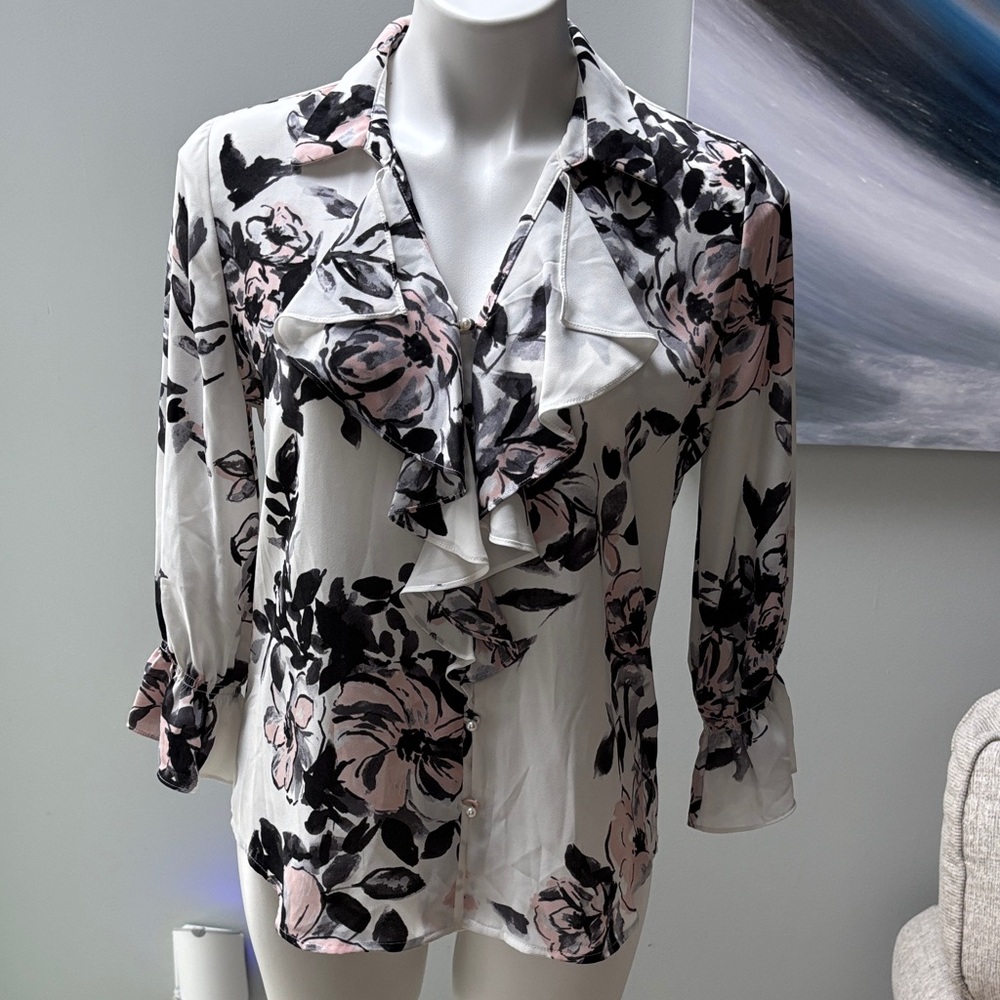 Karl Lagerfeld Paris Floral Ruffle Blouse - Black and Pink ruffle detailings.